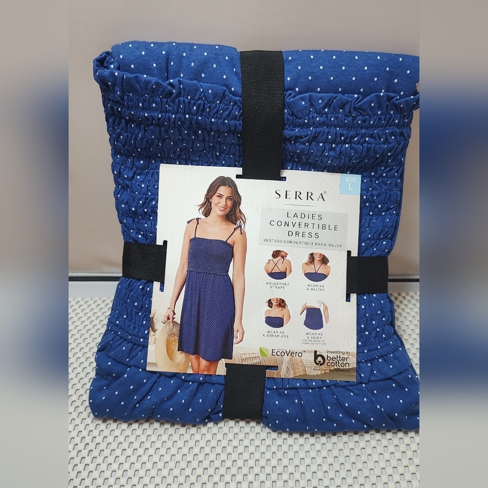 Serra Women's Size L (12-14) Convertible Dress Blue w/White Dots NWT Aldi